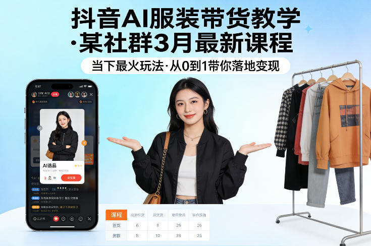 抖音AI服装带货教学,某社群3月最新课程,当下最火玩法,从0到1带你落地变现-源创文化-轻创终点站