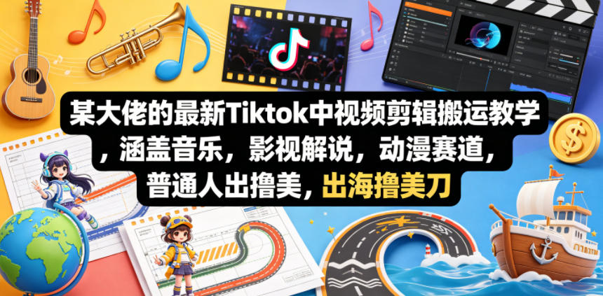 某大佬的最新Tiktok中视频剪辑搬运教学，涵盖音乐，影视解说，动漫赛道，普通人出海撸美刀-源创文化-轻创终点站