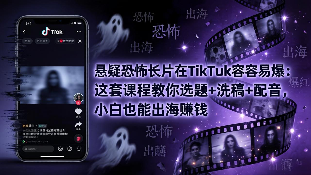 悬疑恐怖长片在TikTok最容易爆：这套课程教你选题+洗稿+配音，小白也能出海赚钱-源创文化-轻创终点站