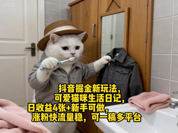 抖音掘金新玩法，可爱猫咪生活日记，日收益4张+新手可做，涨粉快流量稳，可一稿多平台-源创文化-轻创终点站