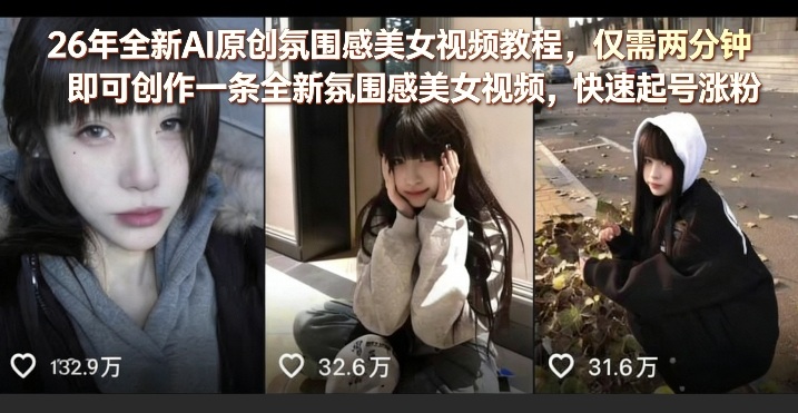 26年全新AI原创氛围感美女视频教程，仅需两分钟即可创作一条全新氛围感美女视频，快速起号涨粉-源创文化-轻创终点站
