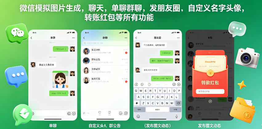 微信模拟图片生成，聊天，单聊群聊，发朋友圈，自定义名字头像，转账红包等所有功能都可以生成-源创文化-轻创终点站