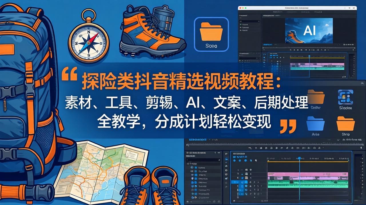探险类抖音精选视频教程：素材、工具、剪辑、AI、文案、后期处理全教学，分成计划轻松变现-源创文化-轻创终点站