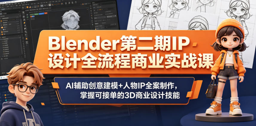 Blender第二期IP设计全流程商业实战课，AI辅助创意建模+人物IP全案制作，掌握可接单的3D商业设计技能-源创文化-轻创终点站