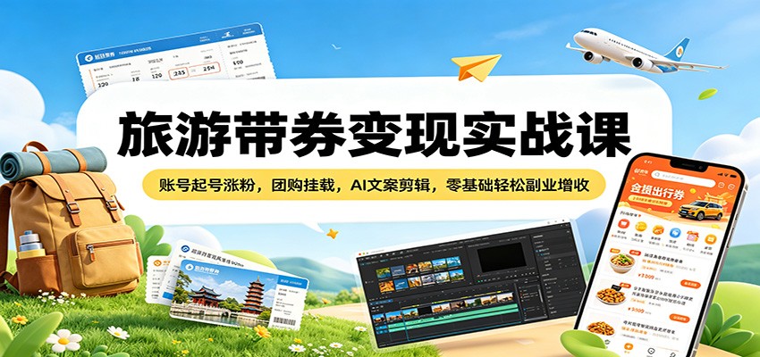 旅游带券变现实战课：账号起号涨粉，团购挂载，AI文案剪辑，零基础轻松副业增收-源创文化-轻创终点站