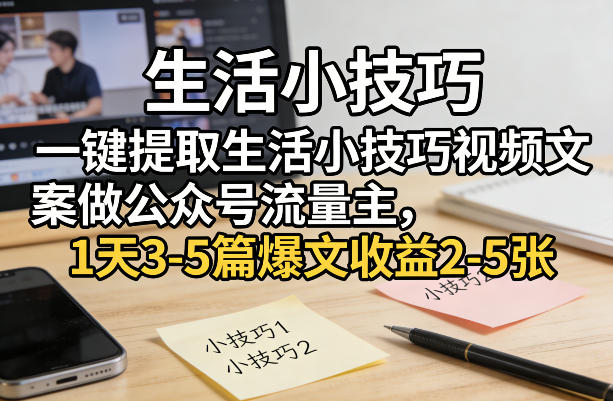 一键提取生活小技巧视频文案做公众号流量主，1天3-5篇爆文收益2-5张-源创文化-轻创终点站