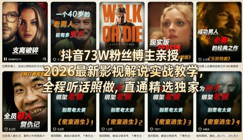 抖音73W粉丝博主亲授，2026最新影视解说实战教学，全程听话照做，直通精选独家-源创文化-轻创终点站